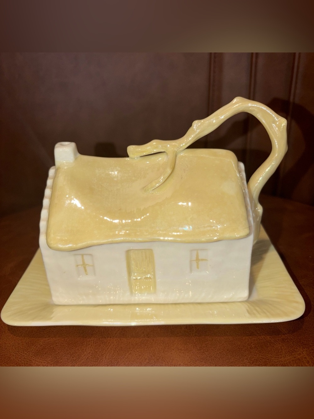Vintage Belleek Ireland Cottage house Butter/Cheese Dish w Lid